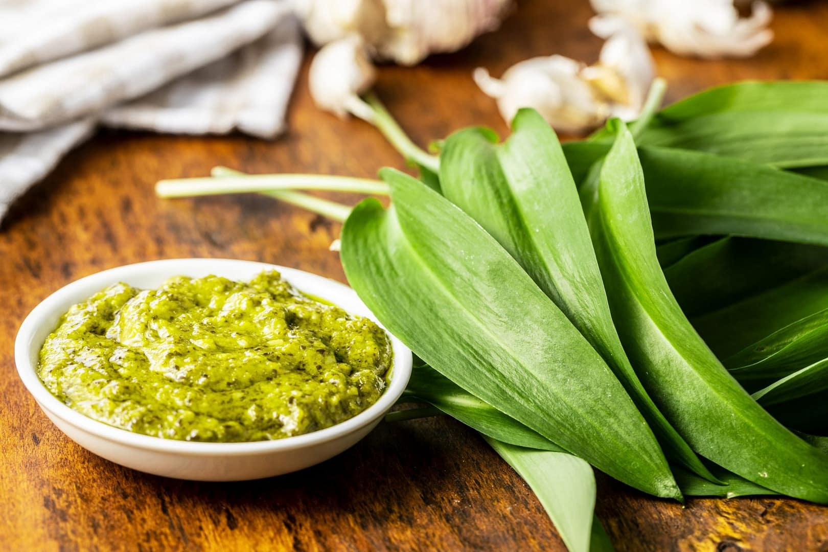 Wild garlic pesto and green ramsons leaves.